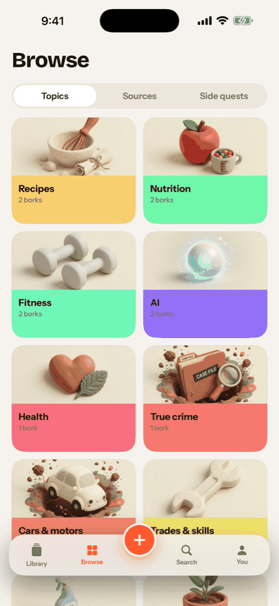 The Browse tab: a grid of topics such as Recipes, Nutrition, Fitness, AI, Health and Cars, each showing how many borks it holds.