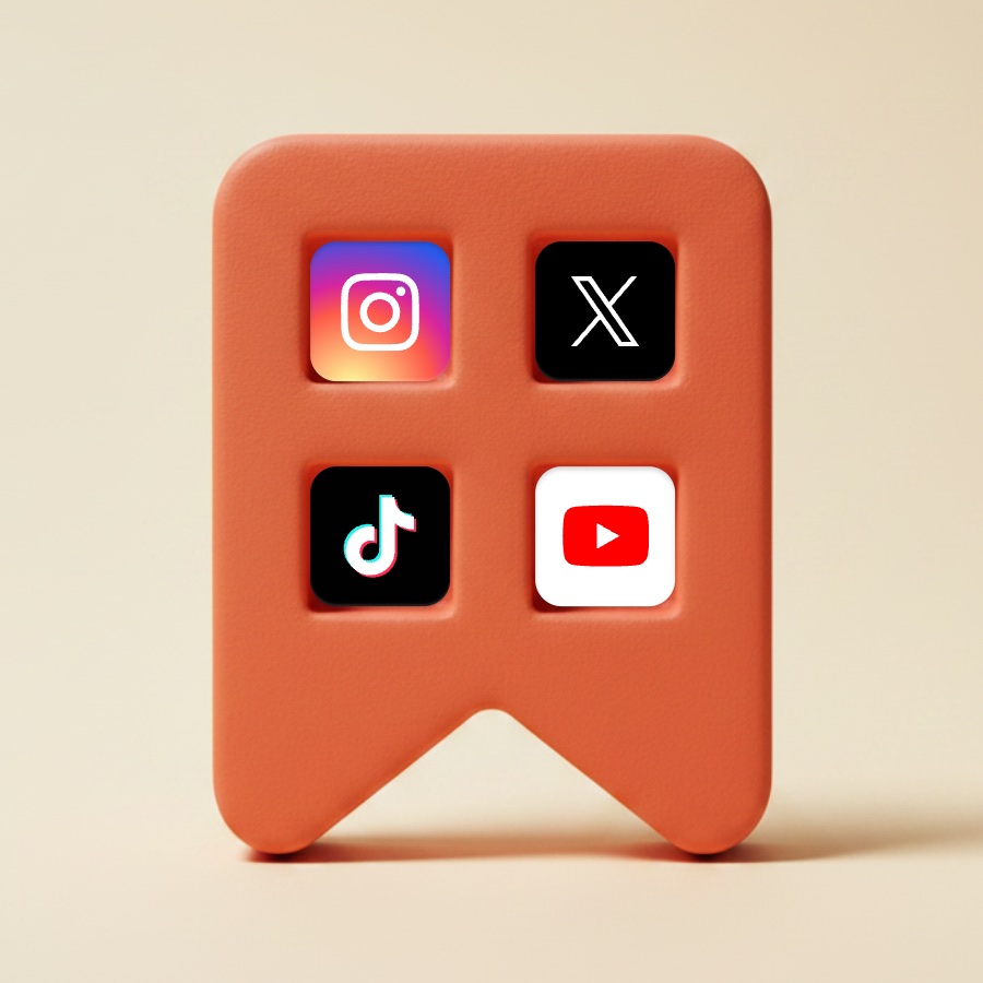 A coral clay bookmark with the Instagram, X, TikTok and YouTube app icons set into it.