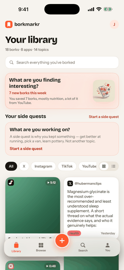 The Library tab: 18 borks across 8 apps and 14 topics, a search field, a weekly summary card, side quests, and a filter row for X, Instagram, TikTok and YouTube.