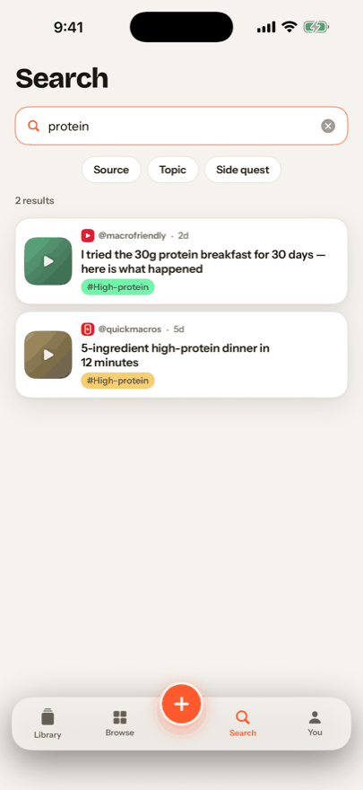 The Search tab: results for “protein” from YouTube and Instagram, each with the account that posted it and a tag.